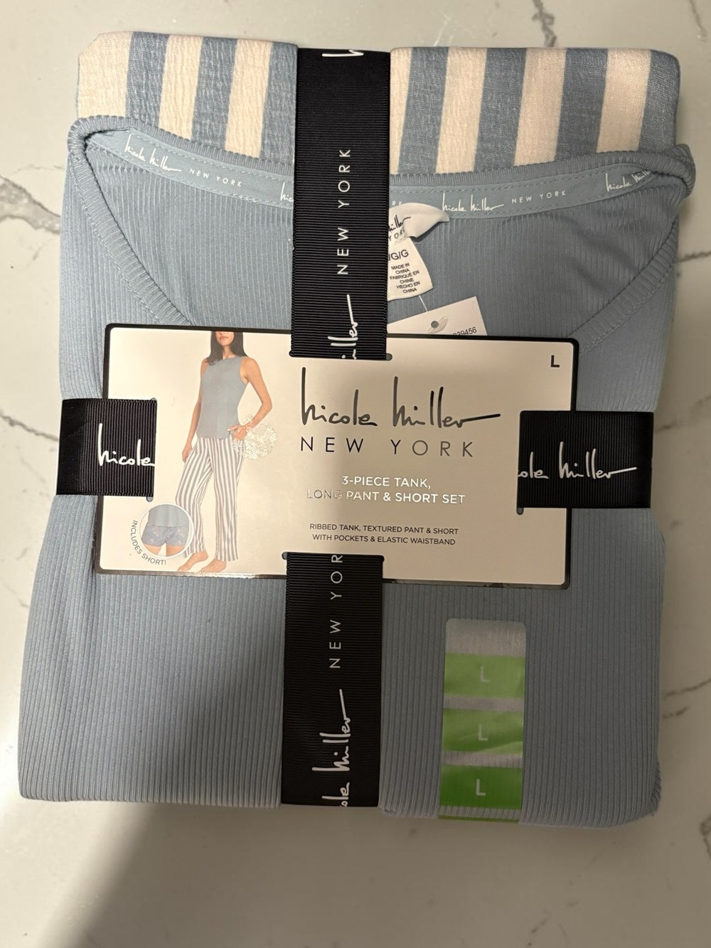 NWT Nicole Miller 3-Piece Pajama Set Blue Aura Ribbed Tank Pants Shorts Large